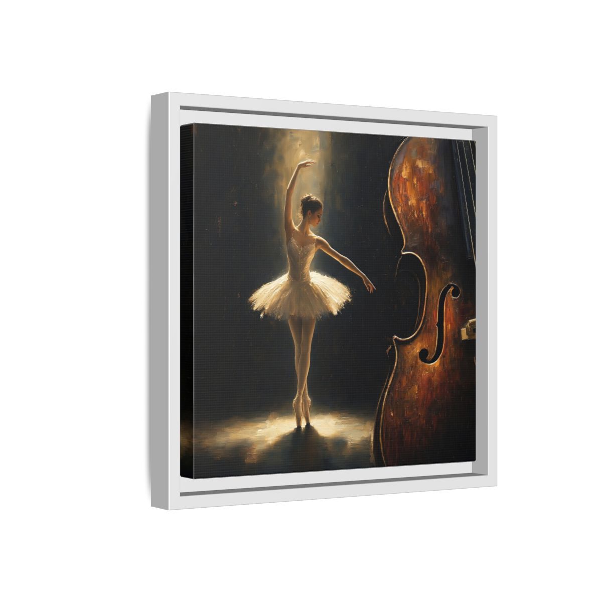 Side Mockup 16. Fairytale Ballerina Brown And Gold shown as framed canvas print