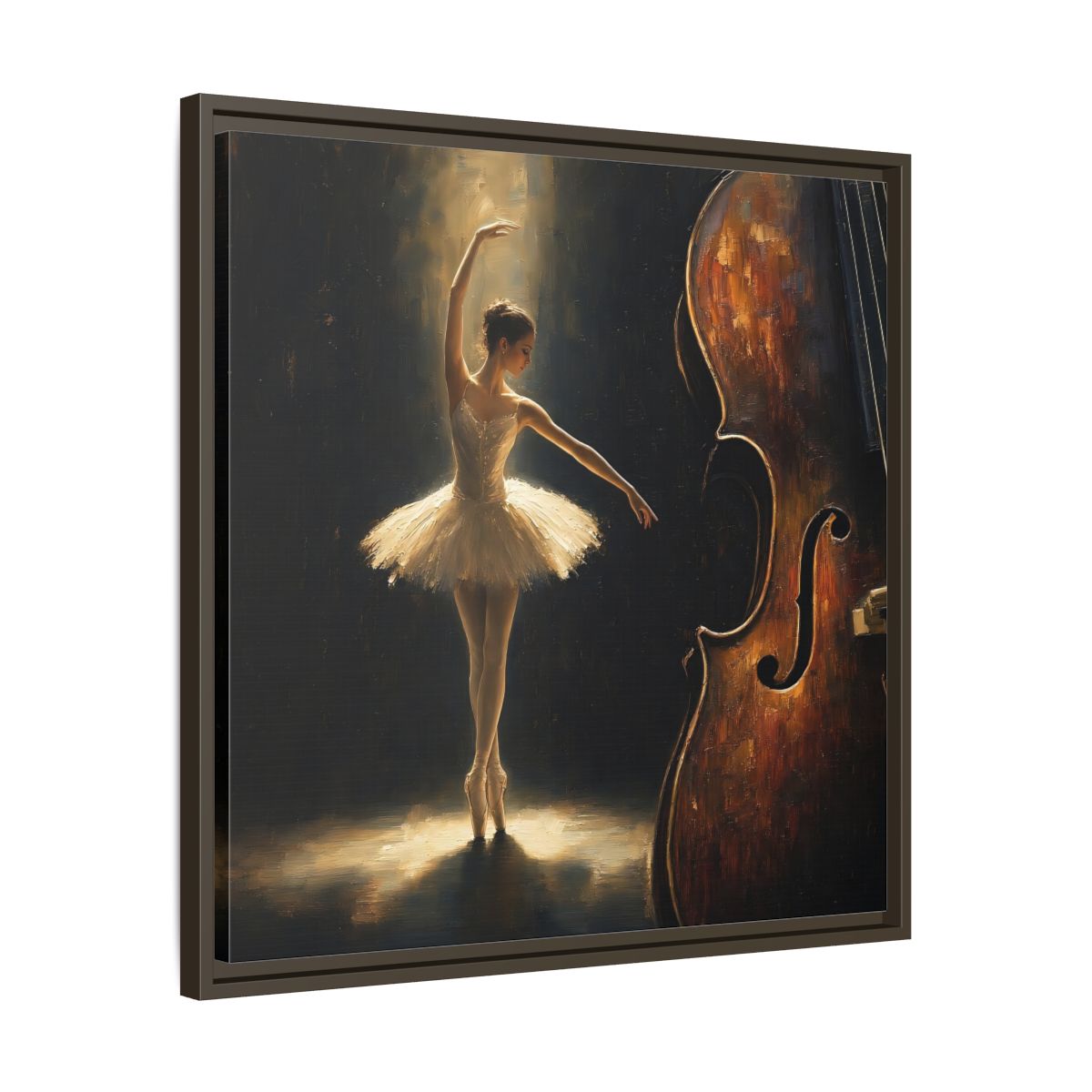 Side Mockup 27. Fairytale Ballerina Brown And Gold shown as framed canvas print