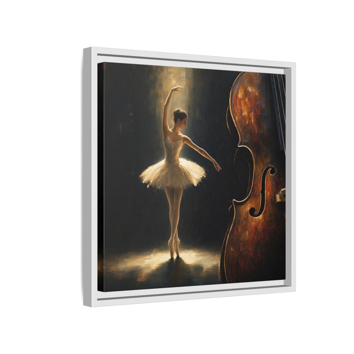 Side Mockup 13. Fairytale Ballerina Brown And Gold shown as framed canvas print