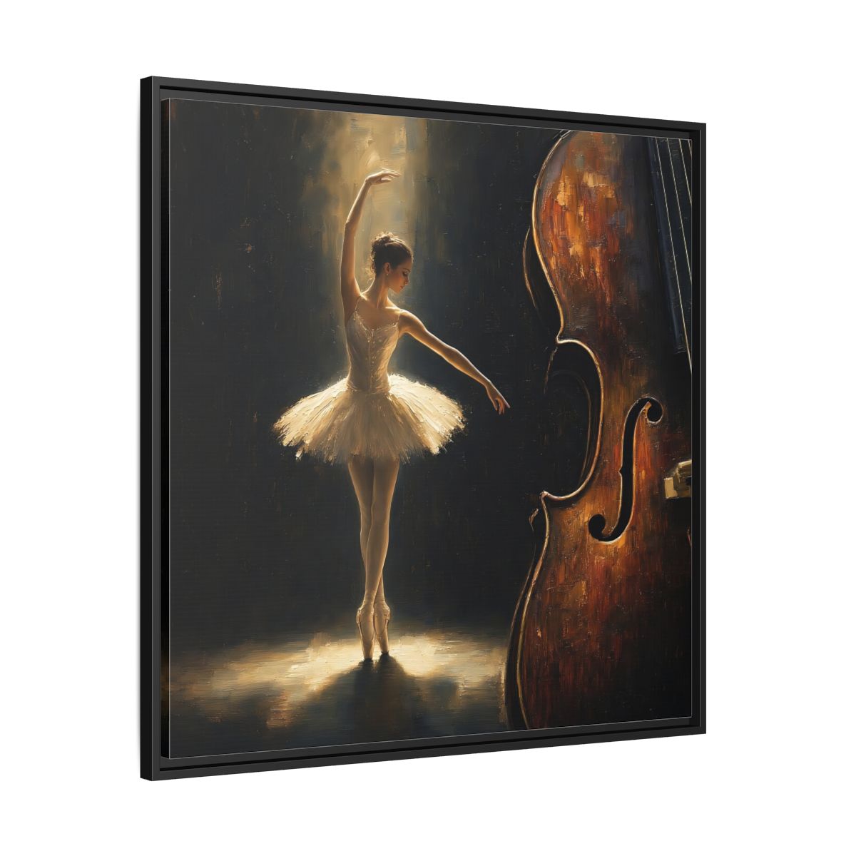 Side Mockup 30. Fairytale Ballerina Brown And Gold shown as framed canvas print