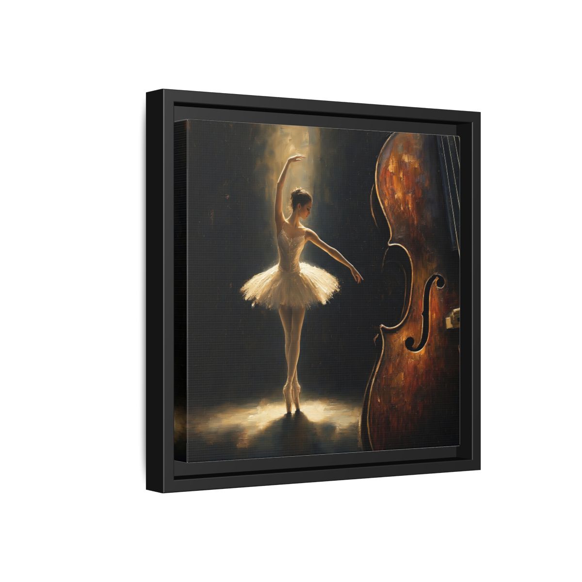 Side Mockup 18. Fairytale Ballerina Brown And Gold shown as framed canvas print