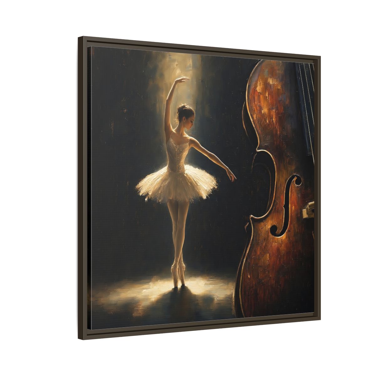 Side Mockup 8. Fairytale Ballerina Brown And Gold shown as framed canvas print