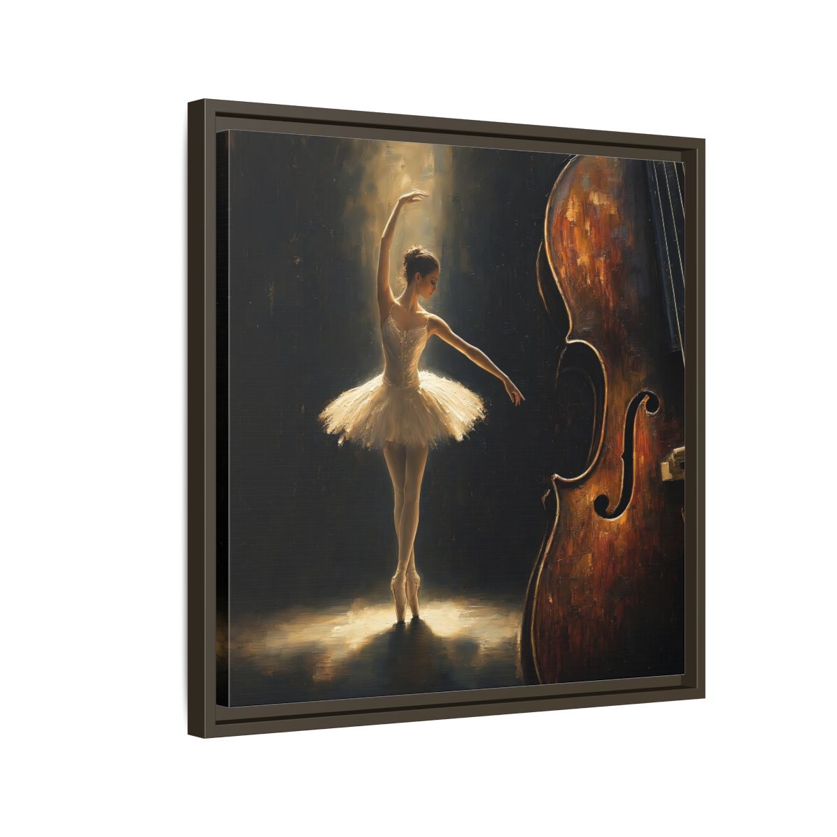Side Mockup 11. Fairytale Ballerina Brown And Gold shown as framed canvas print