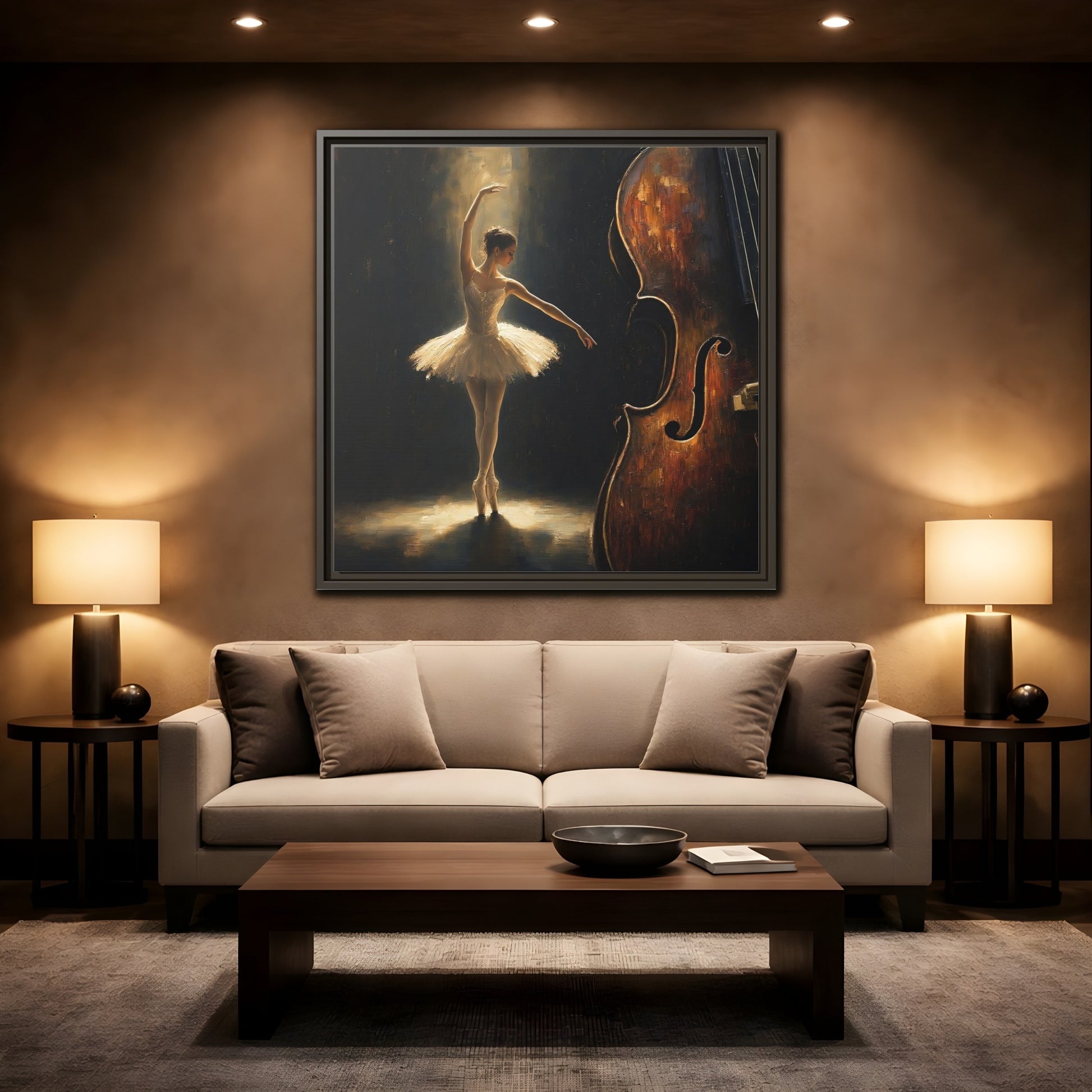 Mockup 2. Fairytale Ballerina Brown And Gold shown as framed canvas print