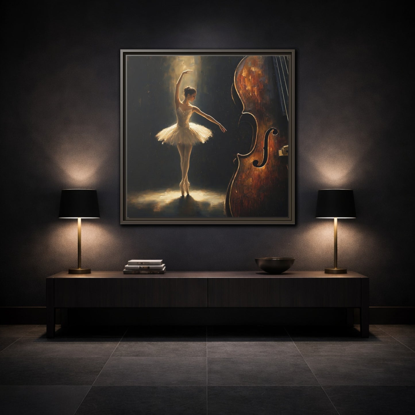 Mockup 3. Fairytale Ballerina Brown And Gold shown as framed canvas print