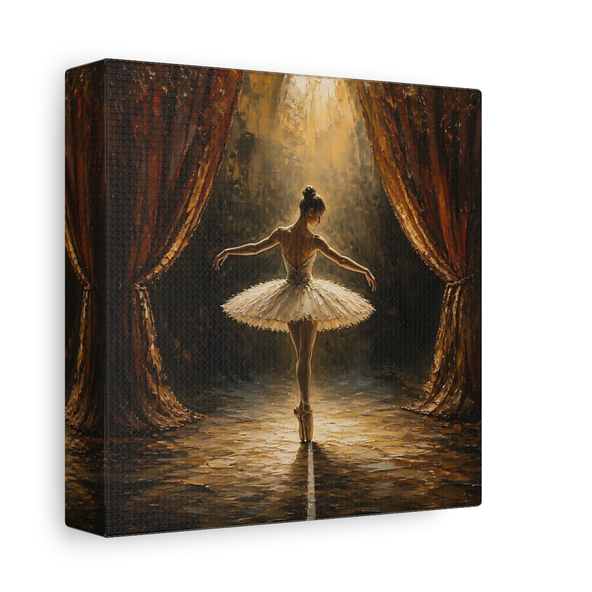 Side Mockup 2. Fairytale Ballerina Golden Ballerina shown as canvas print