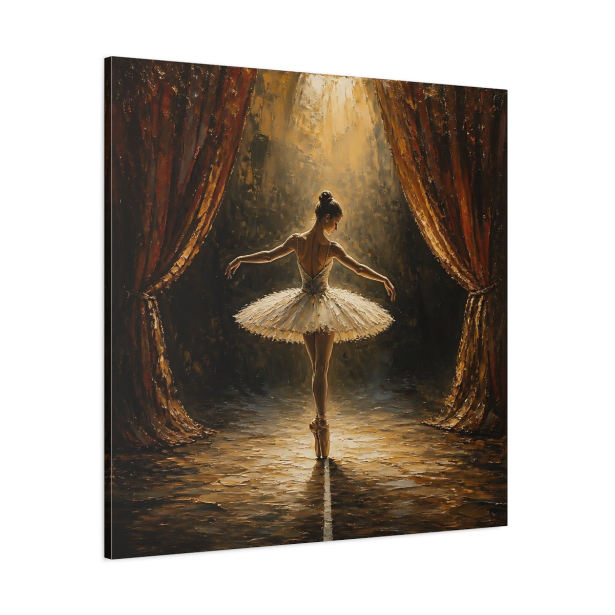Side Mockup 1. Fairytale Ballerina Golden Ballerina shown as canvas print