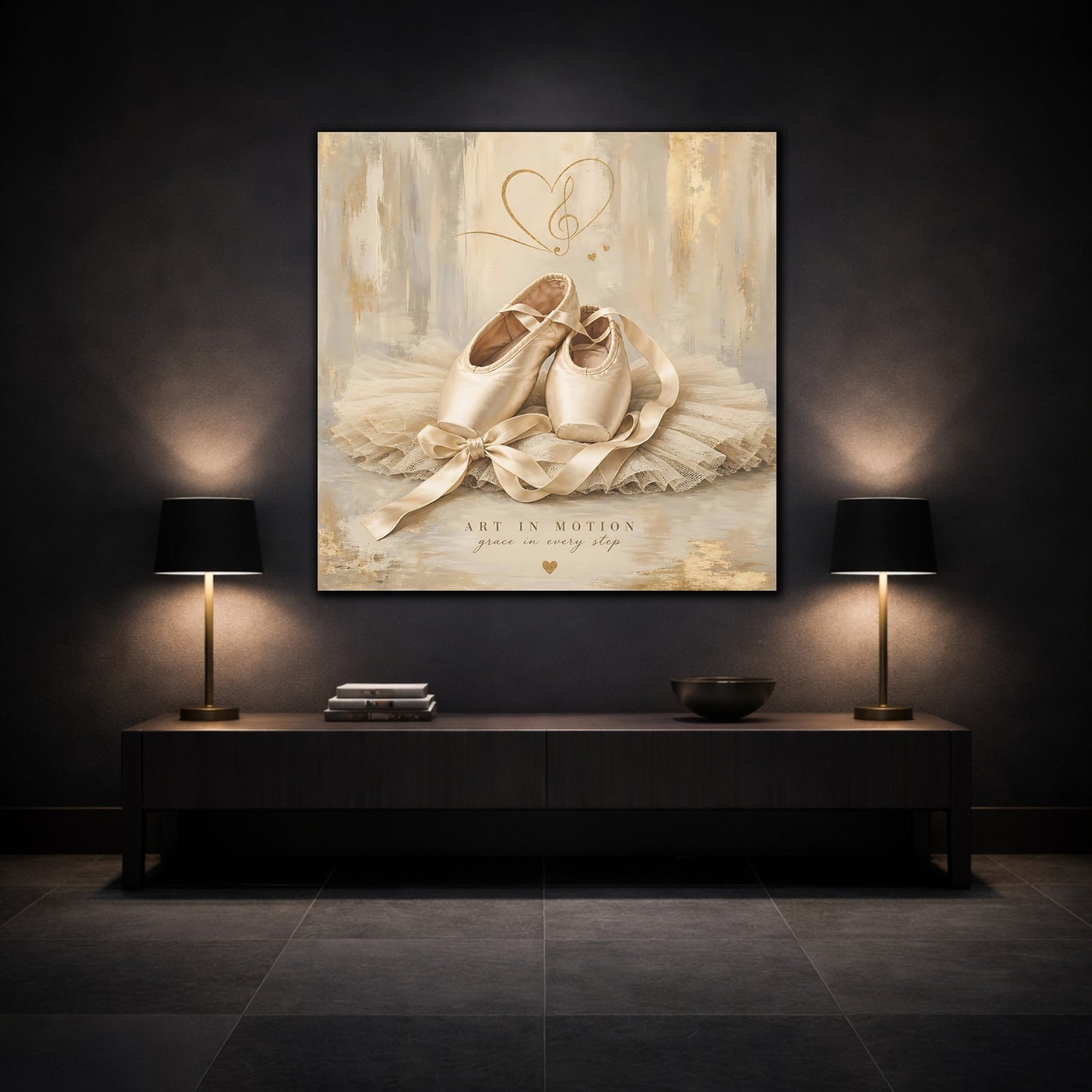 Mockup 3. Fairytale Ballet Shoes Gold And Beige shown as canvas print
