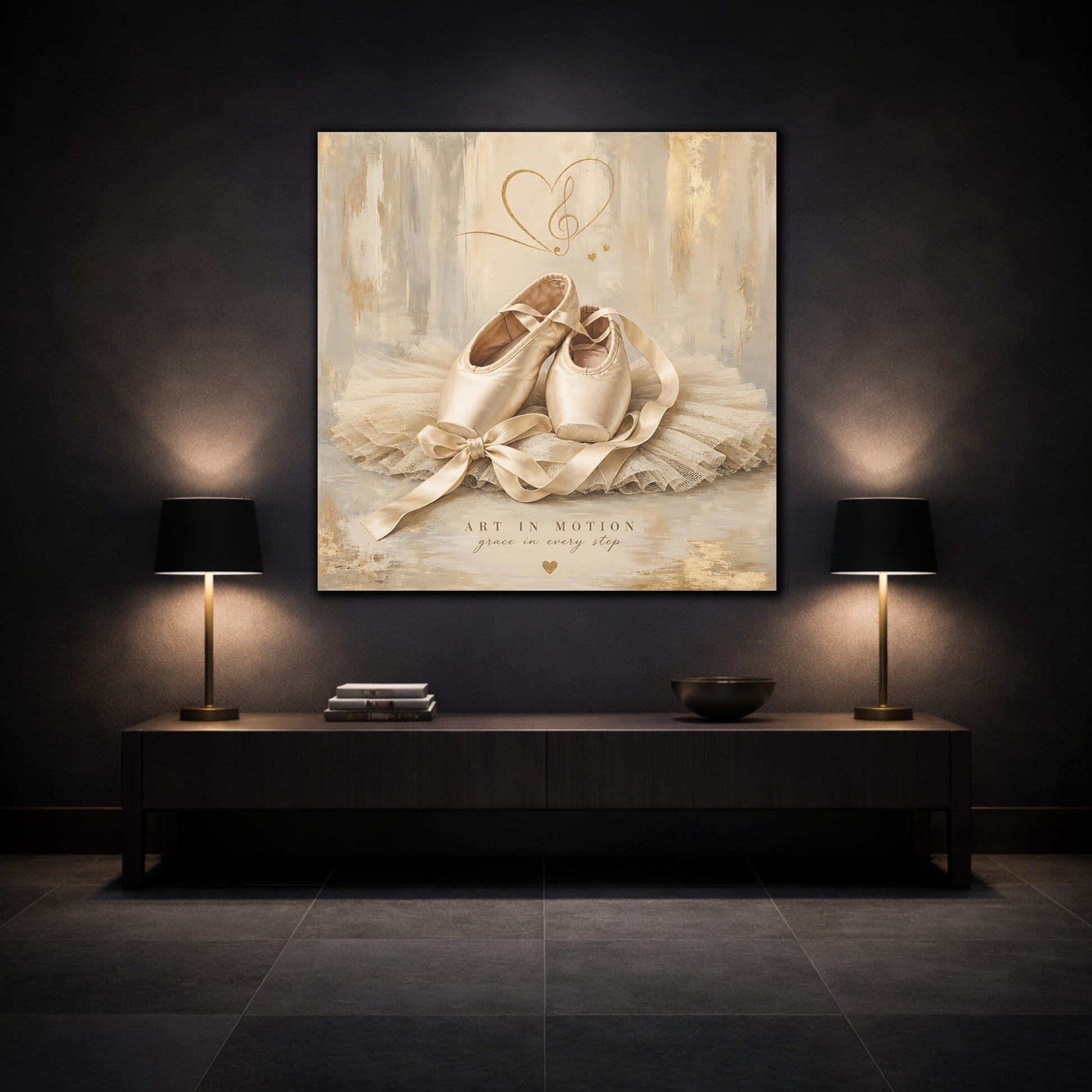 Mockup 3. Fairytale Ballet Shoes Gold And Beige shown as canvas print