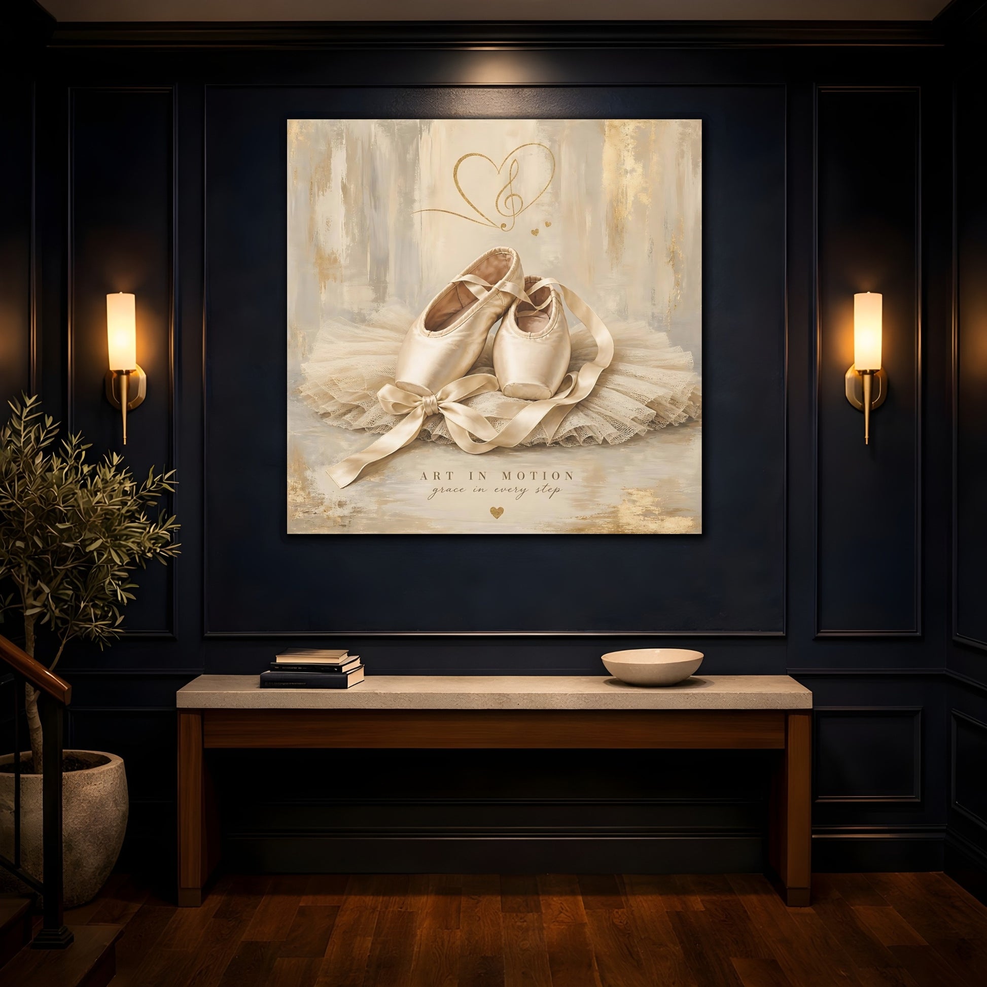 Mockup 4. Fairytale Ballet Shoes Gold And Beige shown as canvas print