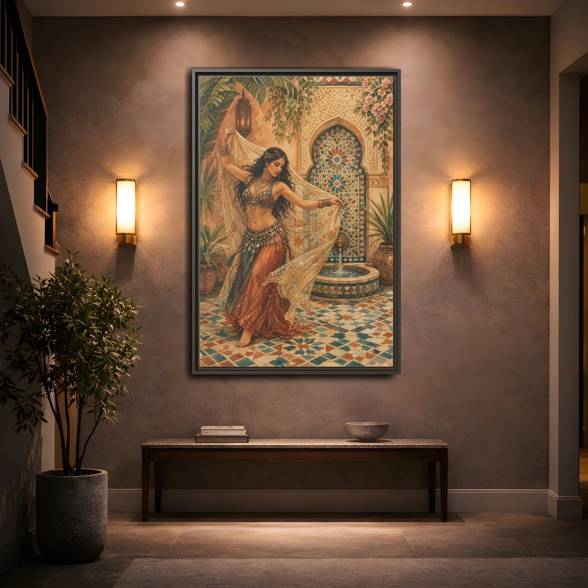 Mockup 2. Fairytale Belly Dancer Moroccan Dancer shown as framed canvas print