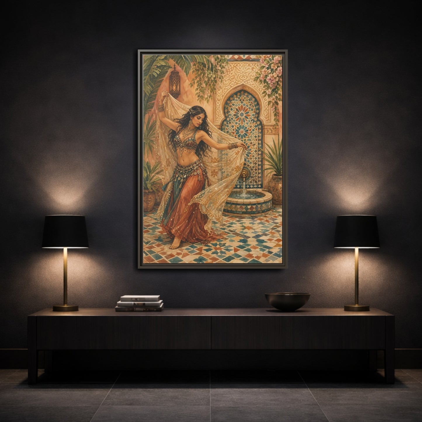 Mockup 3. Fairytale Belly Dancer Moroccan Dancer shown as framed canvas print