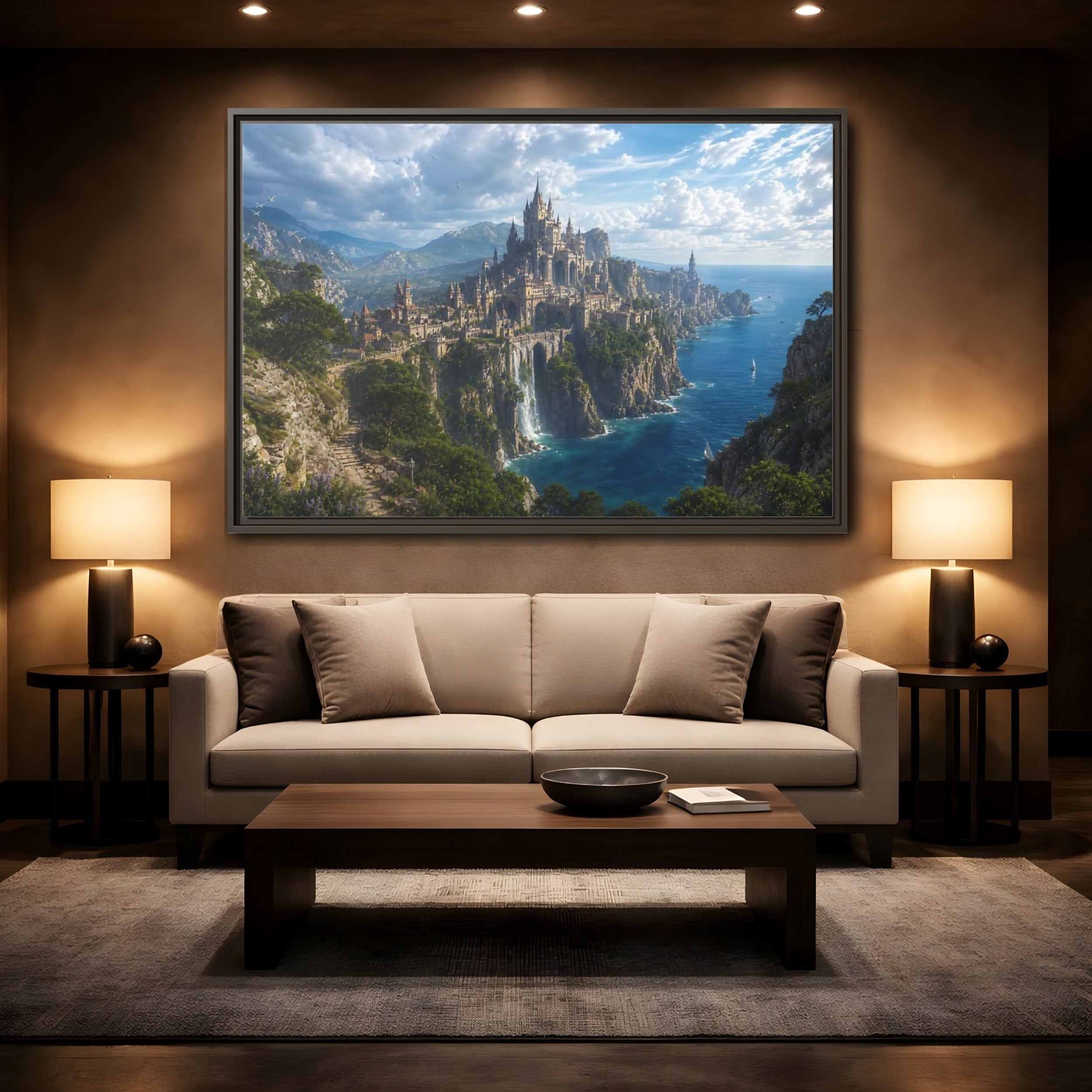 Mockup 2. Fairytale Castle Coastal Castle shown as stretched canvas wall art