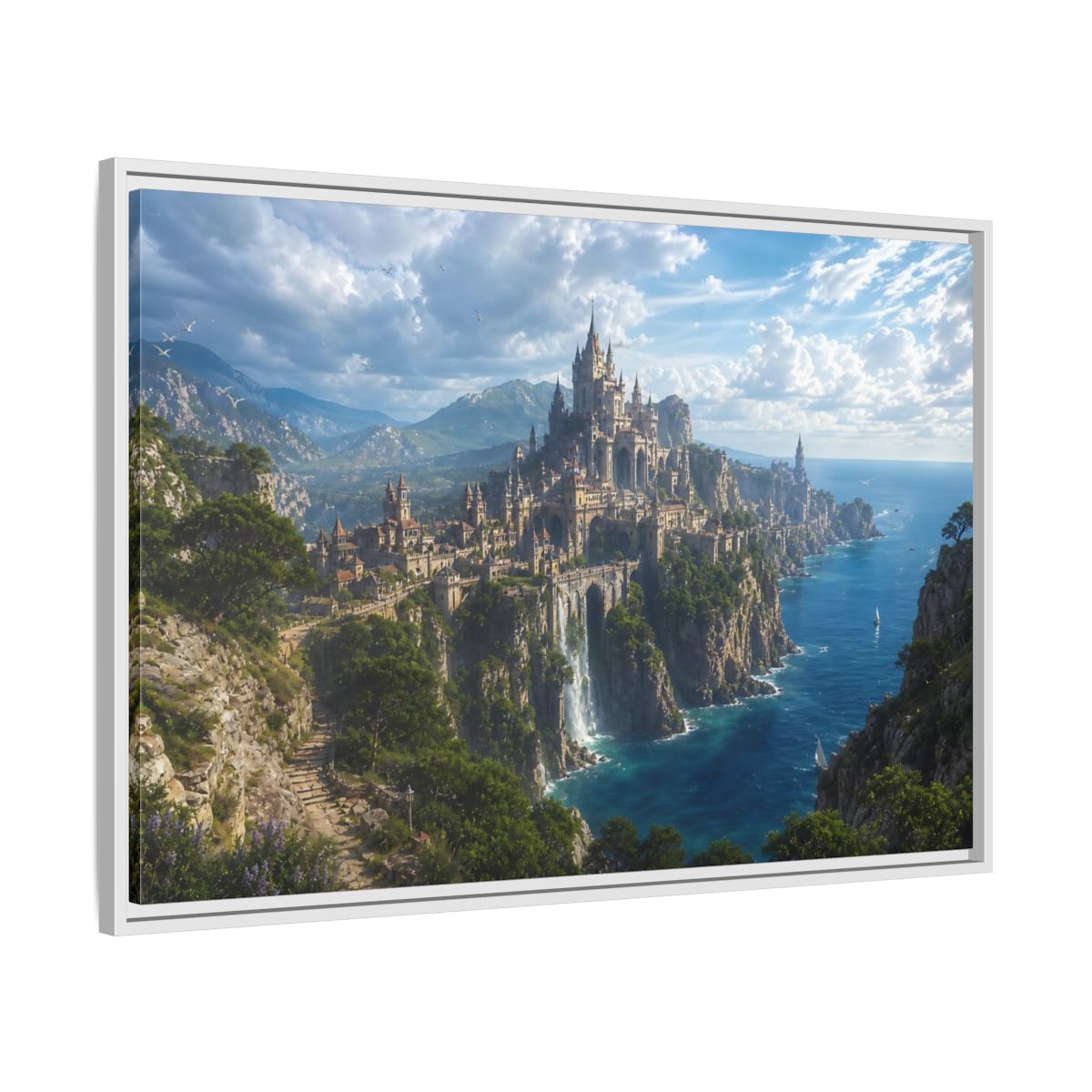 Side Mockup 9. Fairytale Castle Coastal Castle shown as stretched canvas wall art