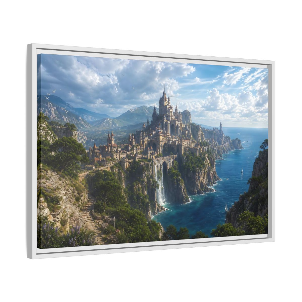 Side Mockup 10. Fairytale Castle Coastal Castle shown as stretched canvas wall art