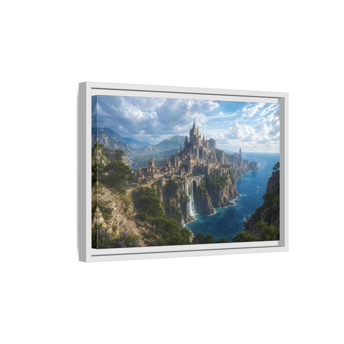 Side Mockup 4. Fairytale Castle Coastal Castle shown as stretched canvas wall art