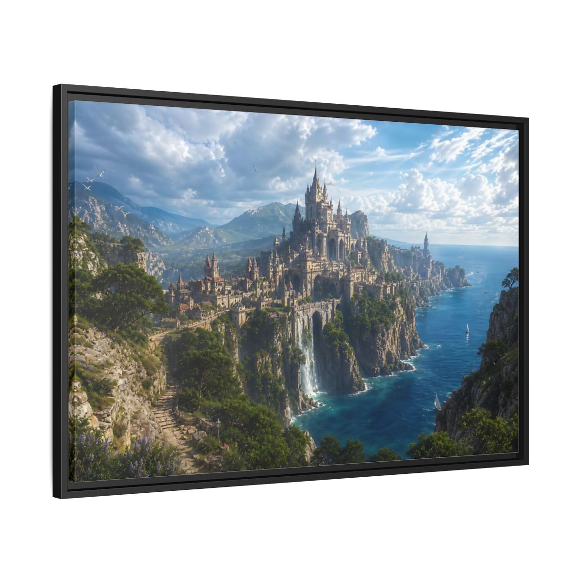 Side Mockup 13. Fairytale Castle Coastal Castle shown as stretched canvas wall art