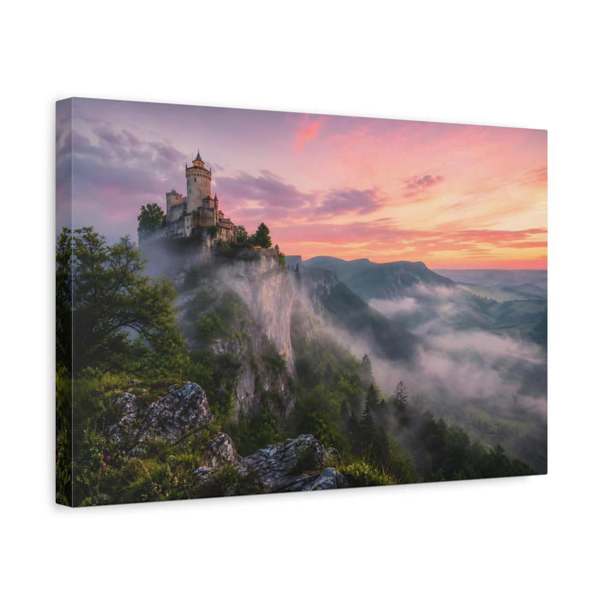 Side Mockup 4. Fairytale Castle Pink Sky Castle shown as stretched canvas wall art
