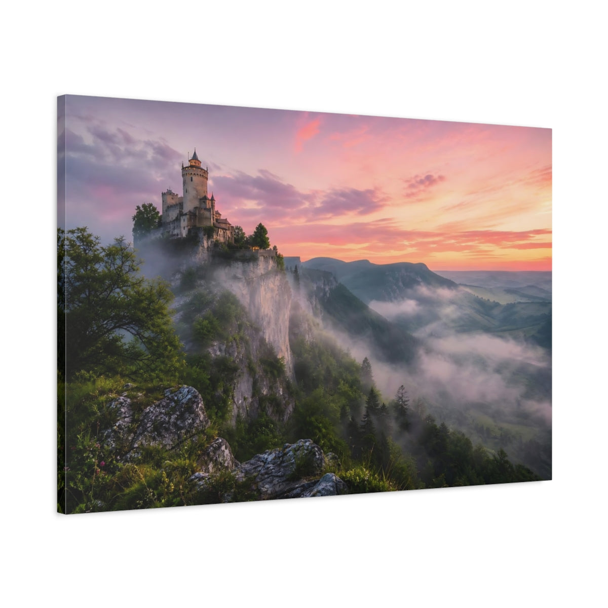 Main Mockup. Fairytale Castle Pink Sky Castle shown as stretched canvas wall art