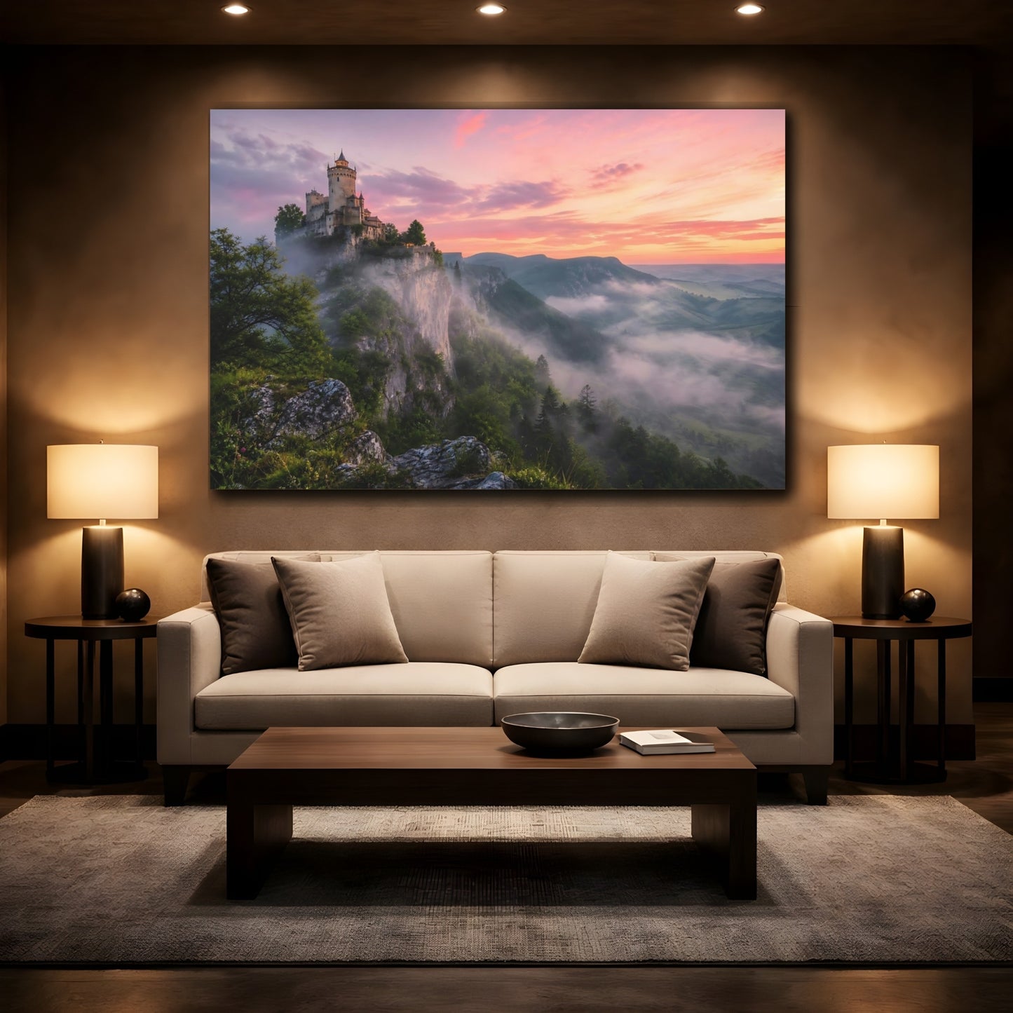 Mockup 2. Fairytale Castle Pink Sky Castle shown as stretched canvas wall art