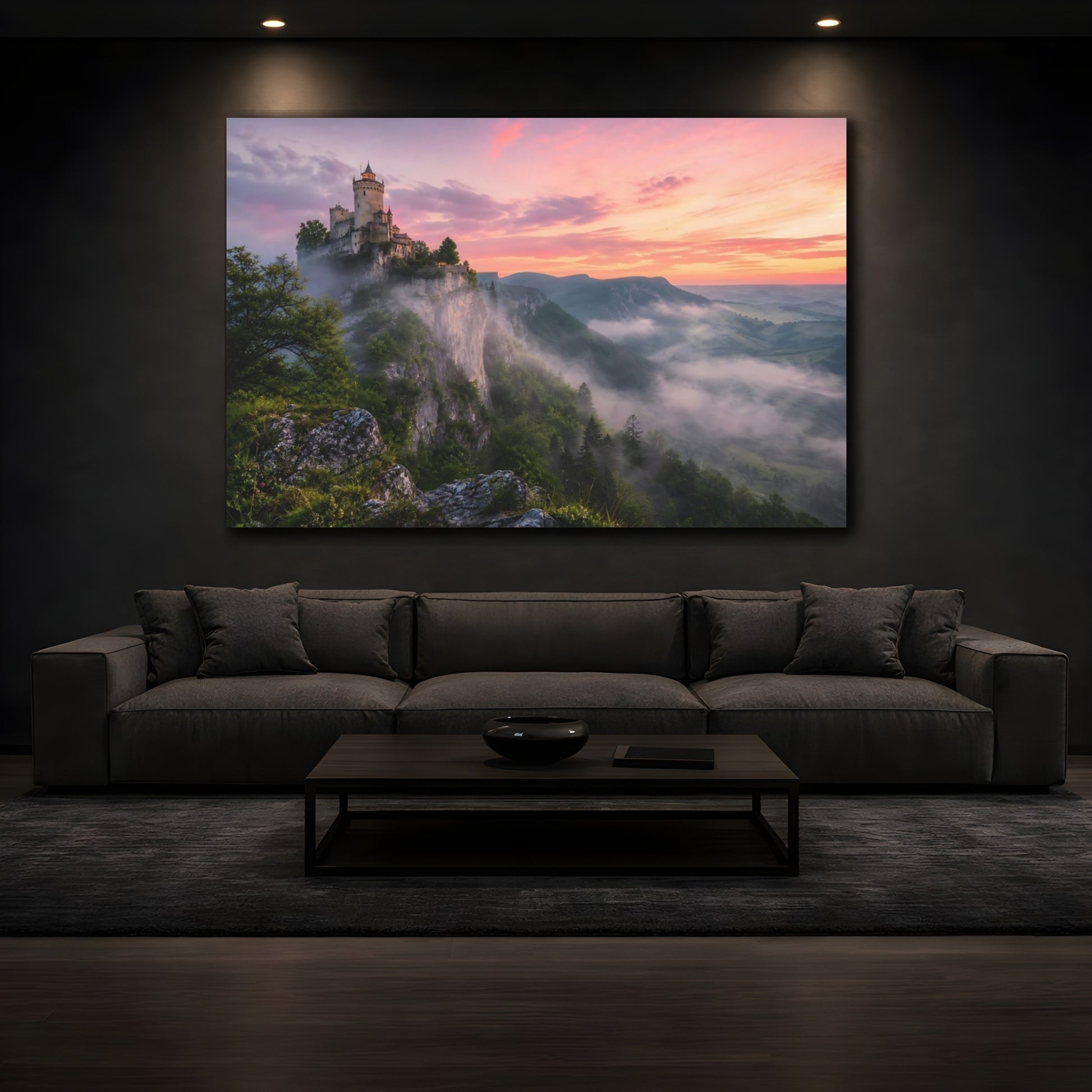 Mockup 3. Fairytale Castle Pink Sky Castle shown as stretched canvas wall art