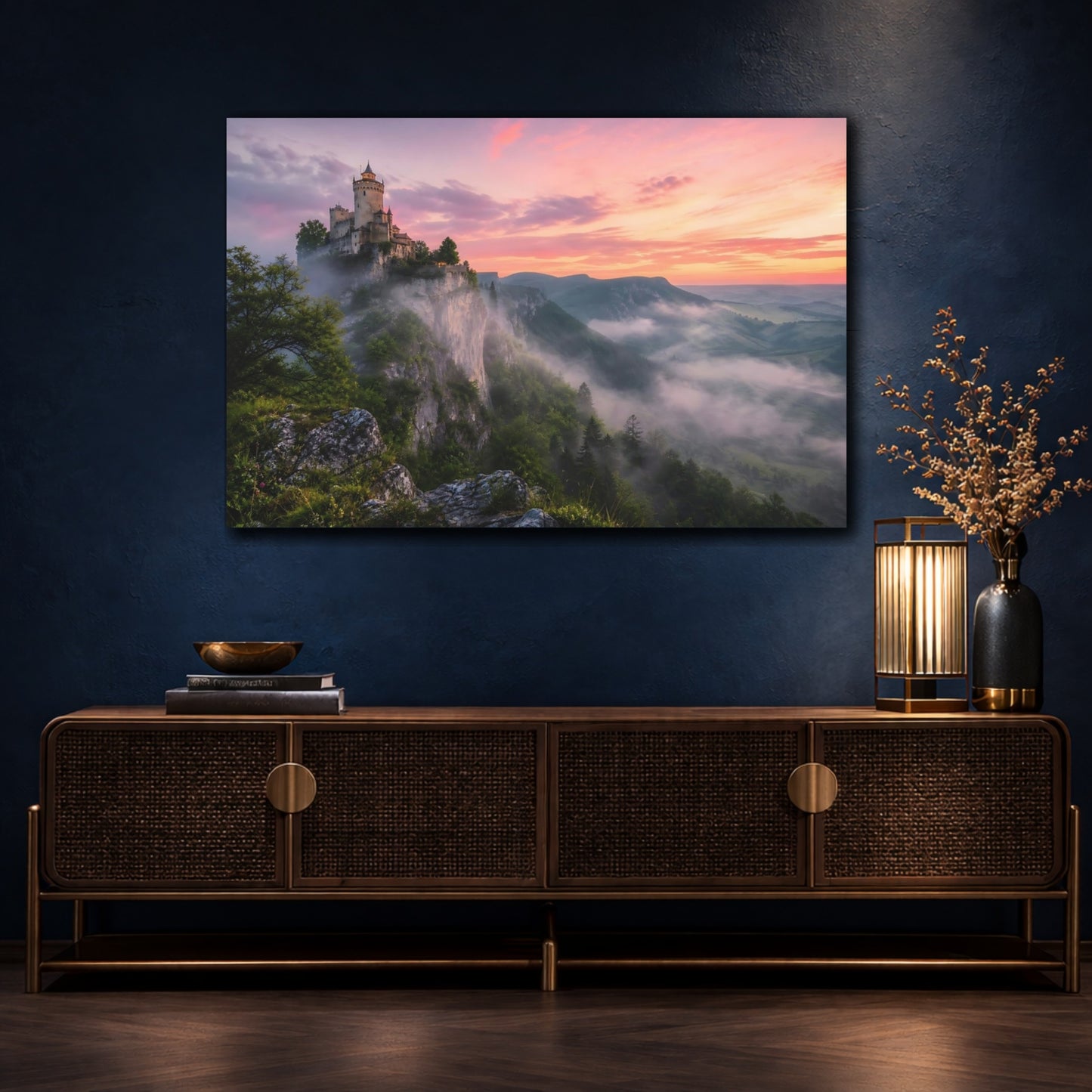 Mockup 4. Fairytale Castle Pink Sky Castle shown as stretched canvas wall art