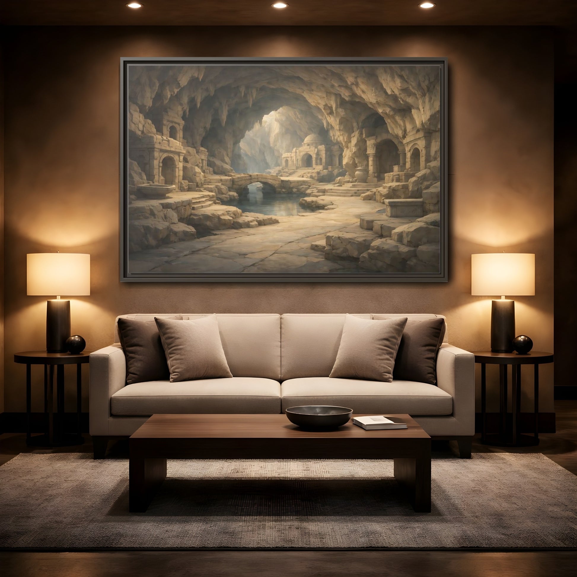 Mockup 2. Fairytale Cave City Ancient Cave shown as stretched canvas wall art
