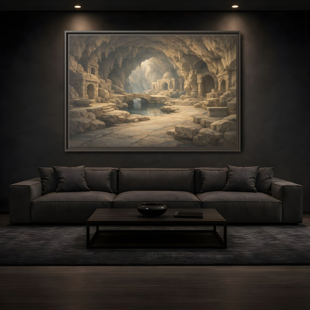 Mockup 3. Fairytale Cave City Ancient Cave shown as stretched canvas wall art