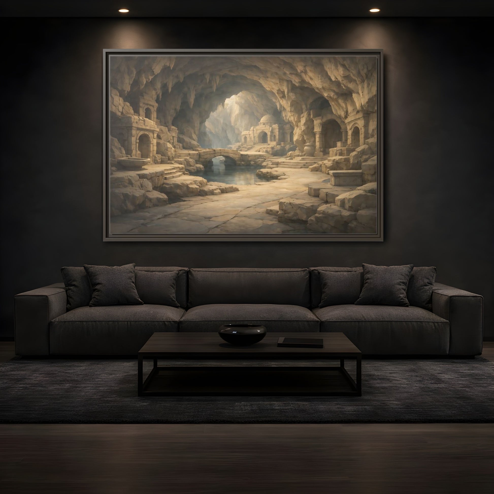 Mockup 3. Fairytale Cave City Ancient Cave shown as stretched canvas wall art