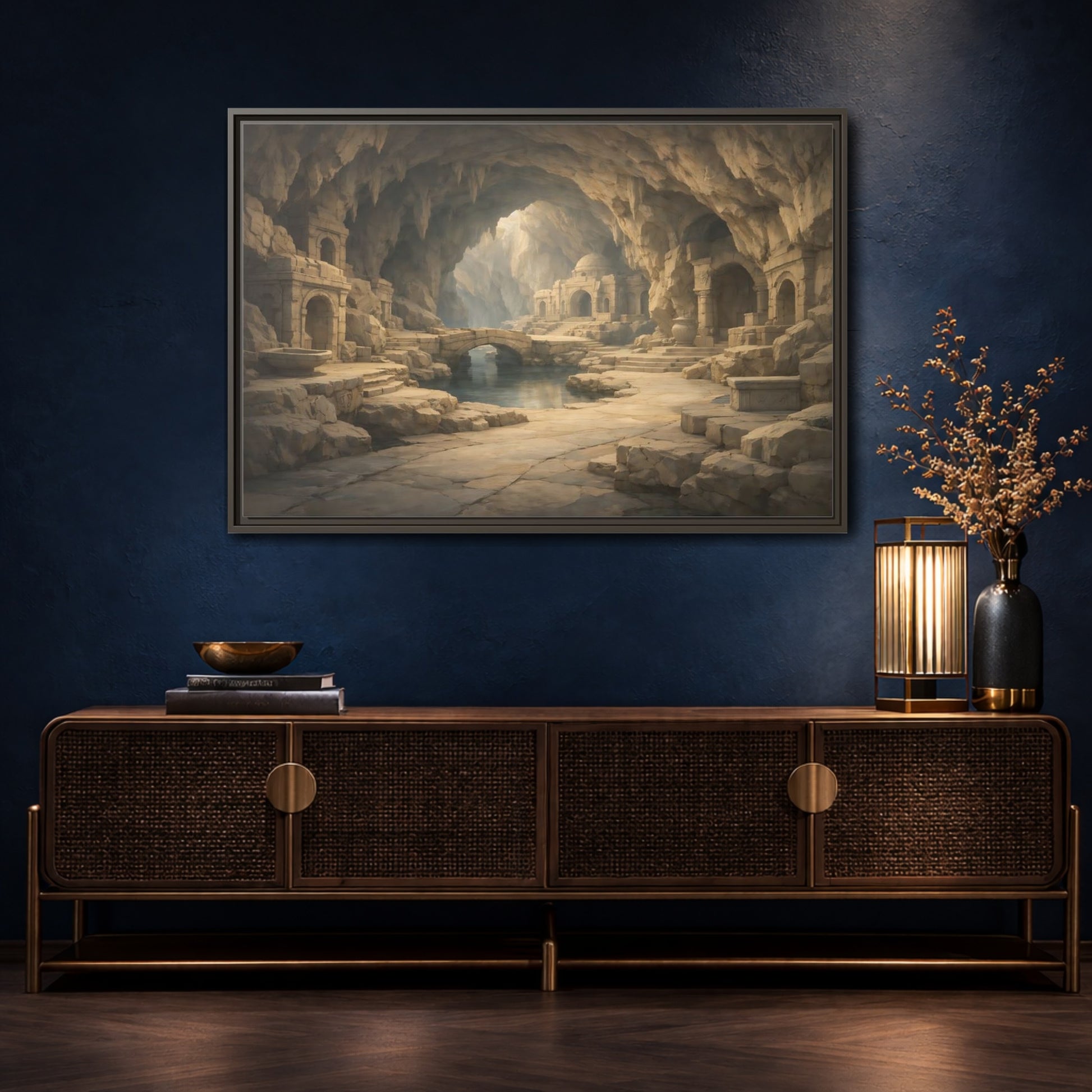 Mockup 4. Fairytale Cave City Ancient Cave shown as stretched canvas wall art