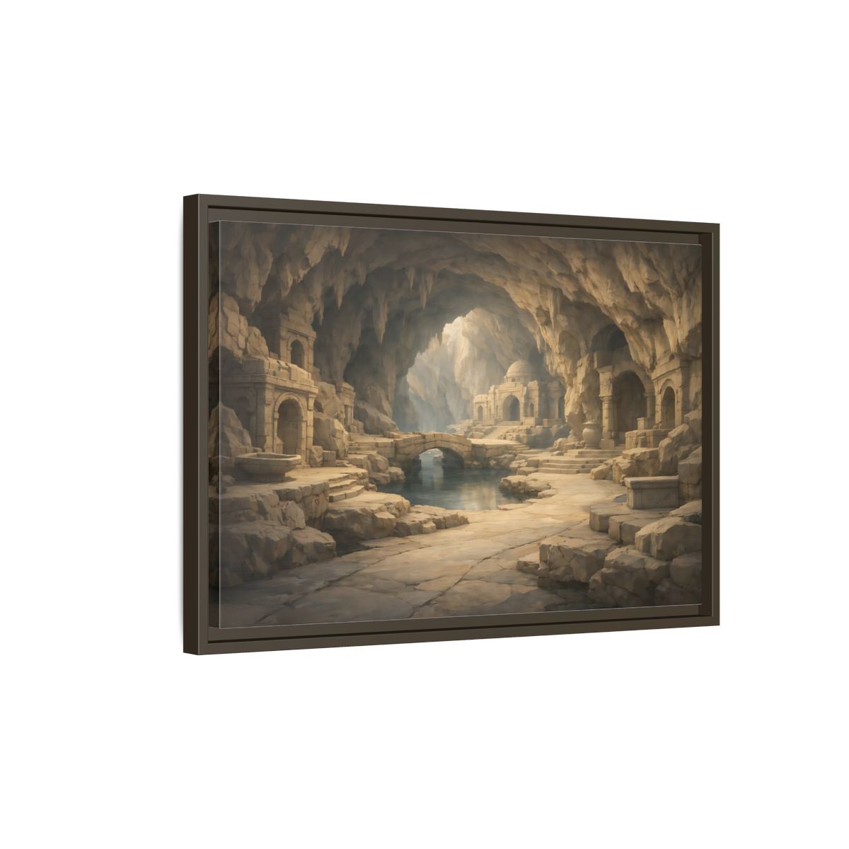 Side Mockup 2. Fairytale Cave City Ancient Cave shown as stretched canvas wall art