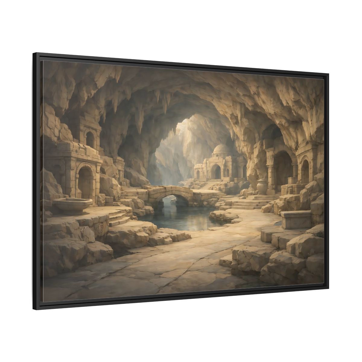 Side Mockup 12. Fairytale Cave City Ancient Cave shown as stretched canvas wall art