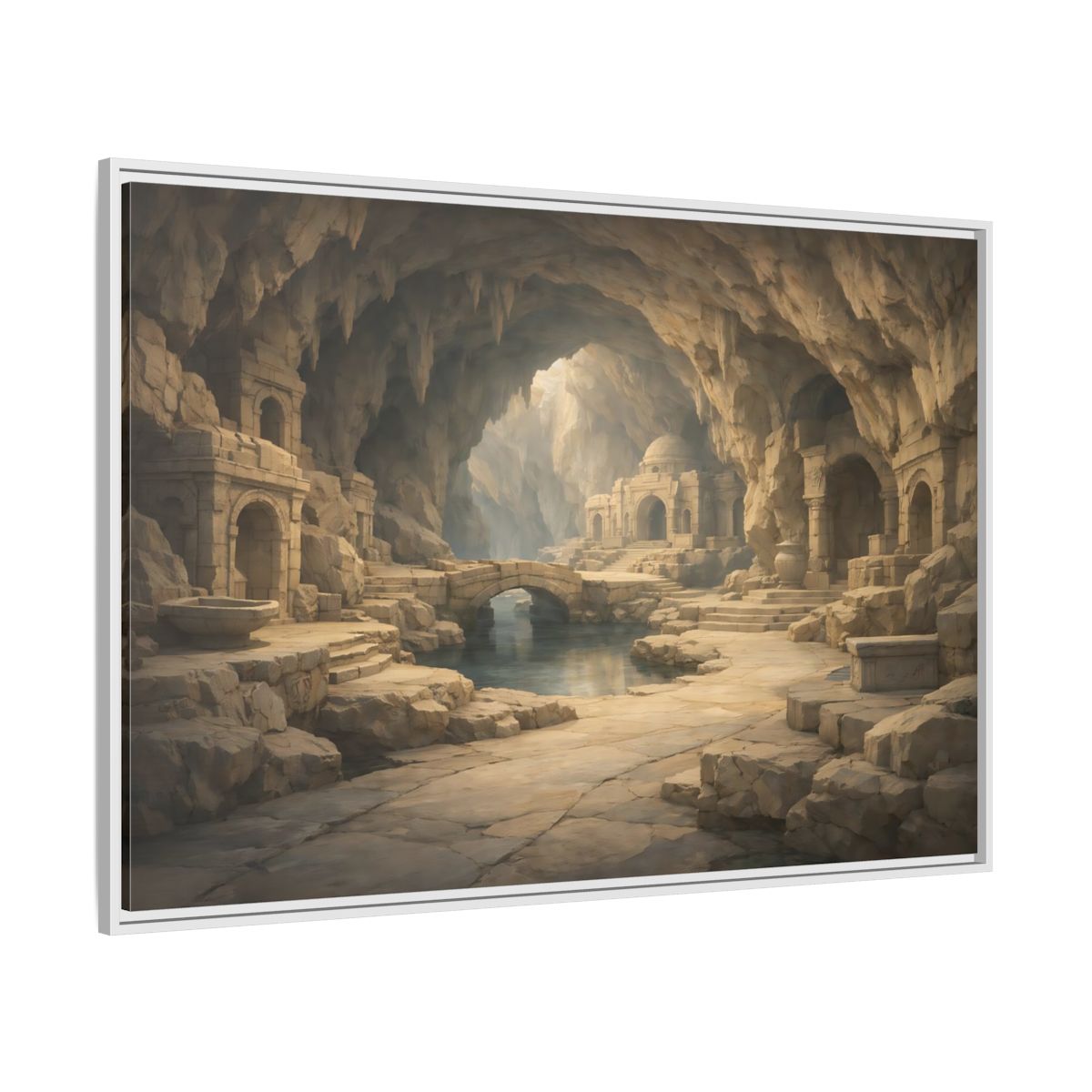 Side Mockup 7. Fairytale Cave City Ancient Cave shown as stretched canvas wall art