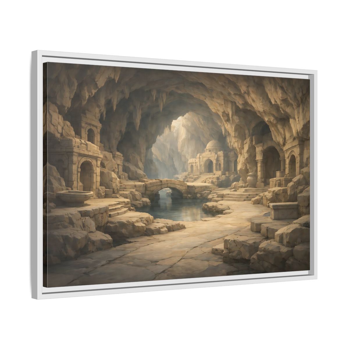 Side Mockup 10. Fairytale Cave City Ancient Cave shown as stretched canvas wall art