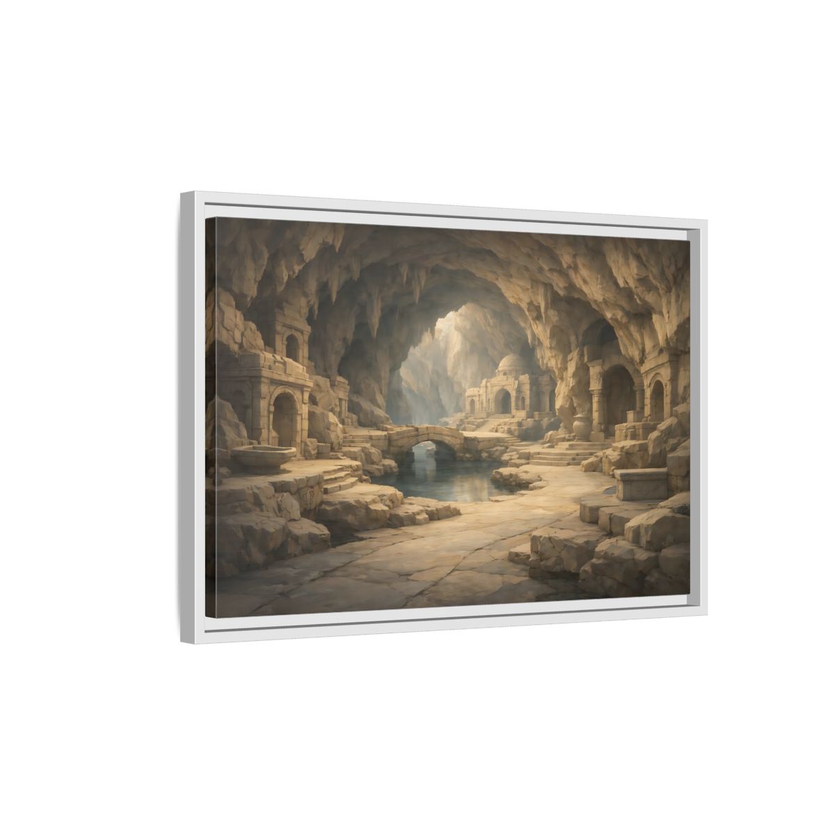 Side Mockup 1. Fairytale Cave City Ancient Cave shown as stretched canvas wall art