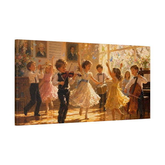 Main Mockup. Fairytale Children Playing Golden Hues shown as canvas print