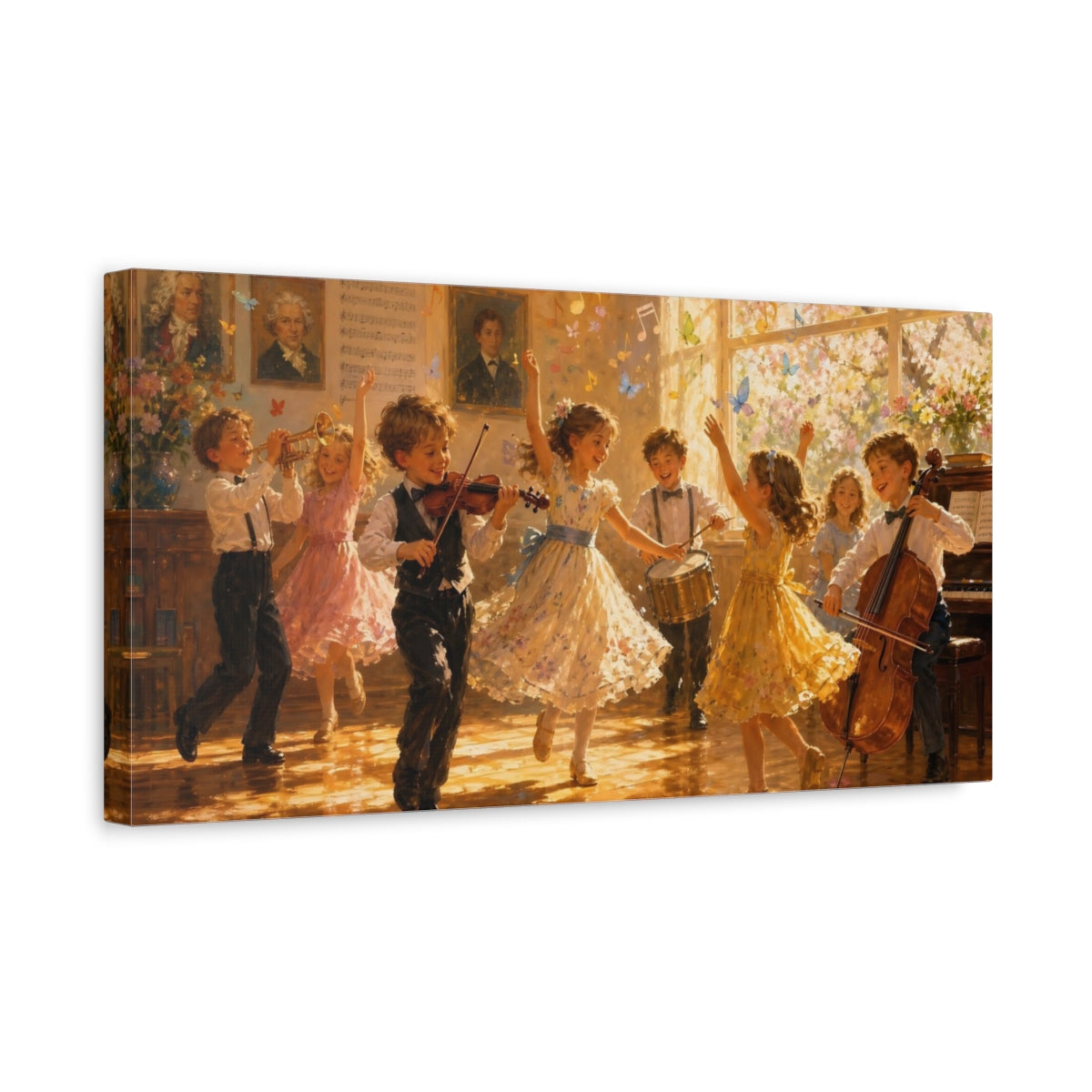 Side Mockup 3. Fairytale Children Playing Golden Hues shown as canvas print