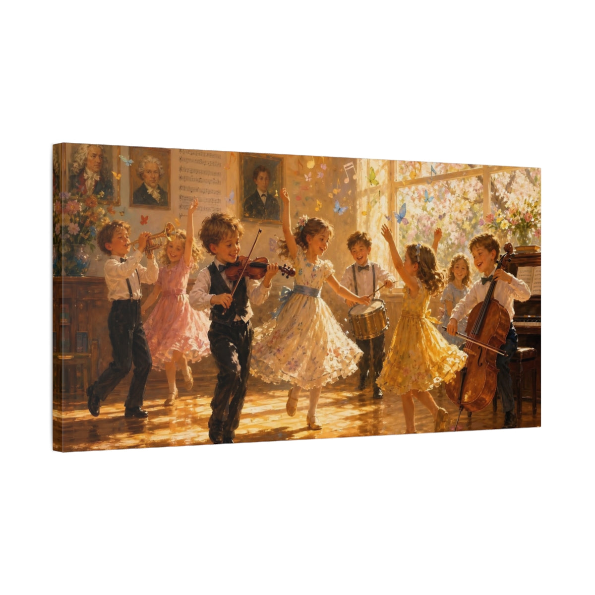 Side Mockup 1. Fairytale Children Playing Golden Hues shown as canvas print