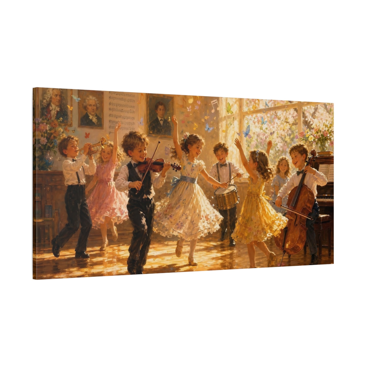 Side Mockup 2. Fairytale Children Playing Golden Hues shown as canvas print