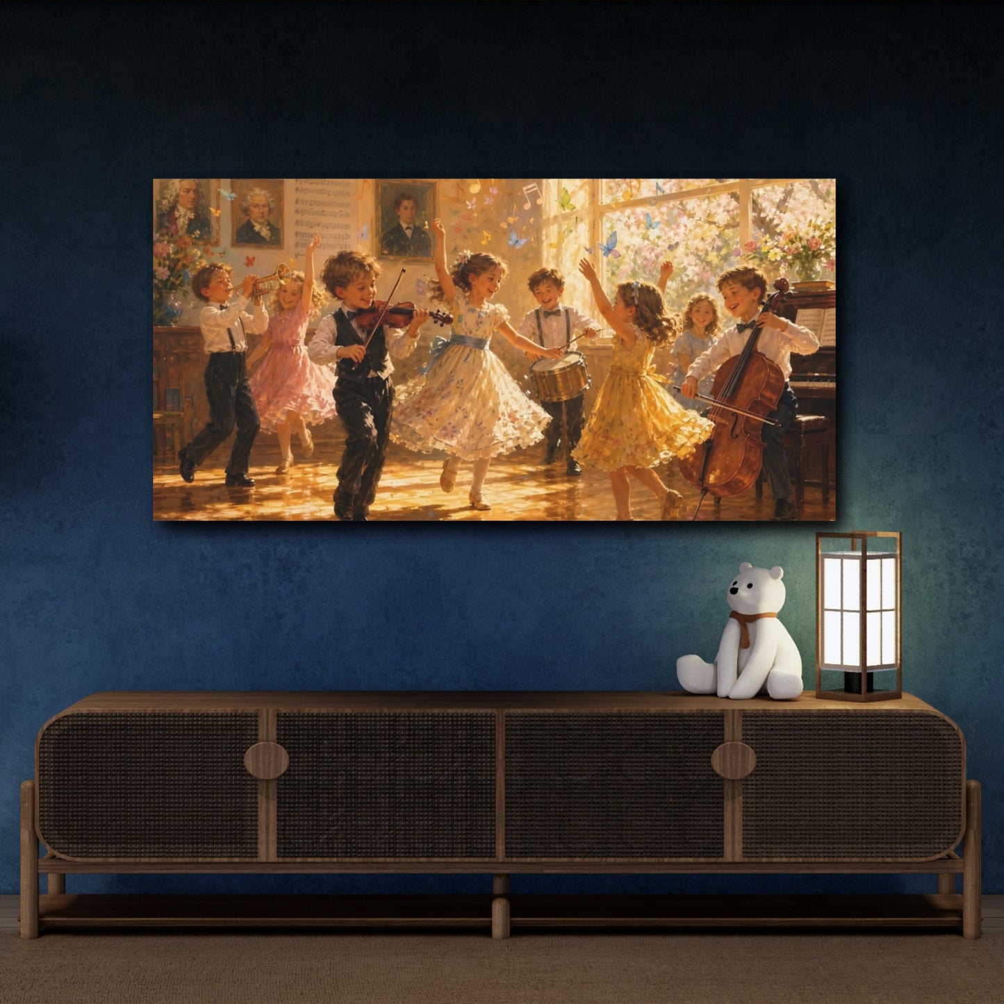 Mockup 4. Fairytale Children Playing Golden Hues shown as canvas print