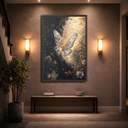 Mockup 2. Fairytale Crystal Butterfly Gold And Black shown as stretched canvas wall art