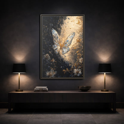 Mockup 3. Fairytale Crystal Butterfly Gold And Black shown as stretched canvas wall art