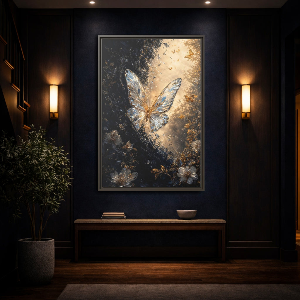 Mockup 4. Fairytale Crystal Butterfly Gold And Black shown as stretched canvas wall art