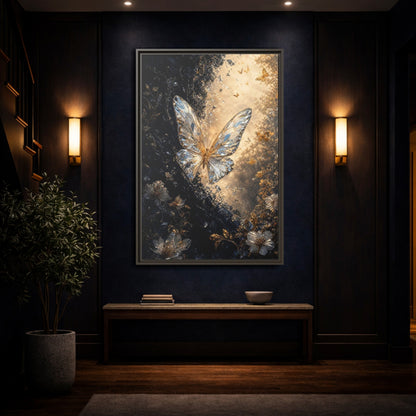 Mockup 4. Fairytale Crystal Butterfly Gold And Black shown as stretched canvas wall art