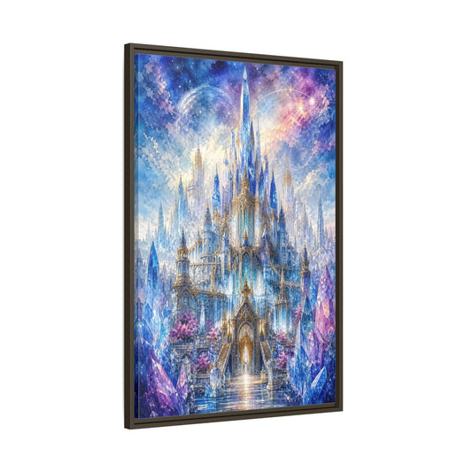 Main Mockup. Fairytale Crystal Castle Blue And Purple Castle shown as stretched canvas wall art