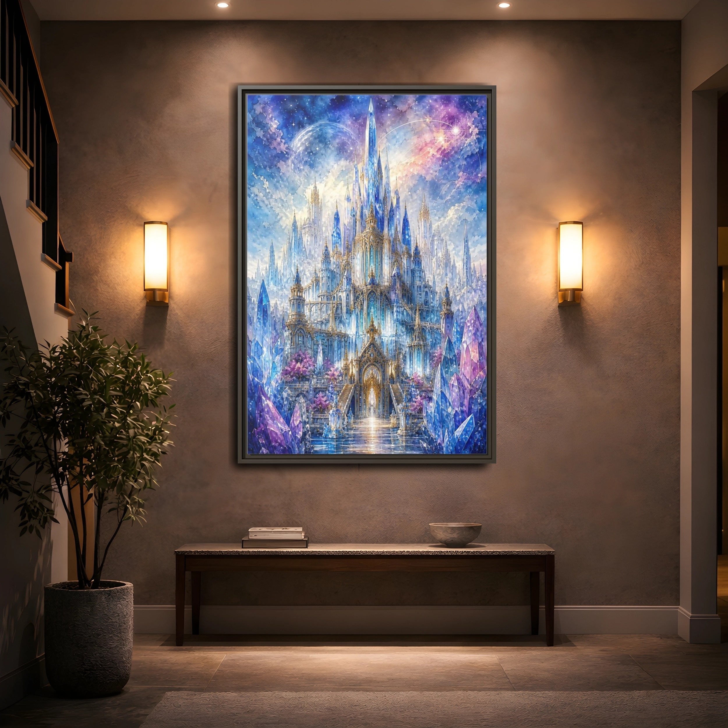 Mockup 2. Fairytale Crystal Castle Blue And Purple Castle shown as stretched canvas wall art