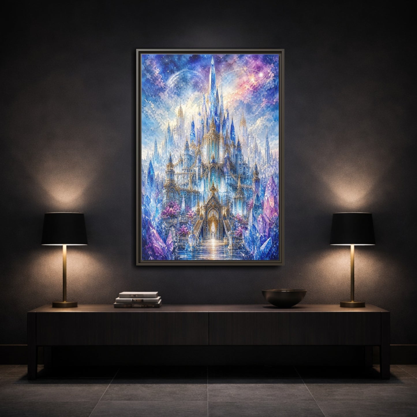 Mockup 3. Fairytale Crystal Castle Blue And Purple Castle shown as stretched canvas wall art