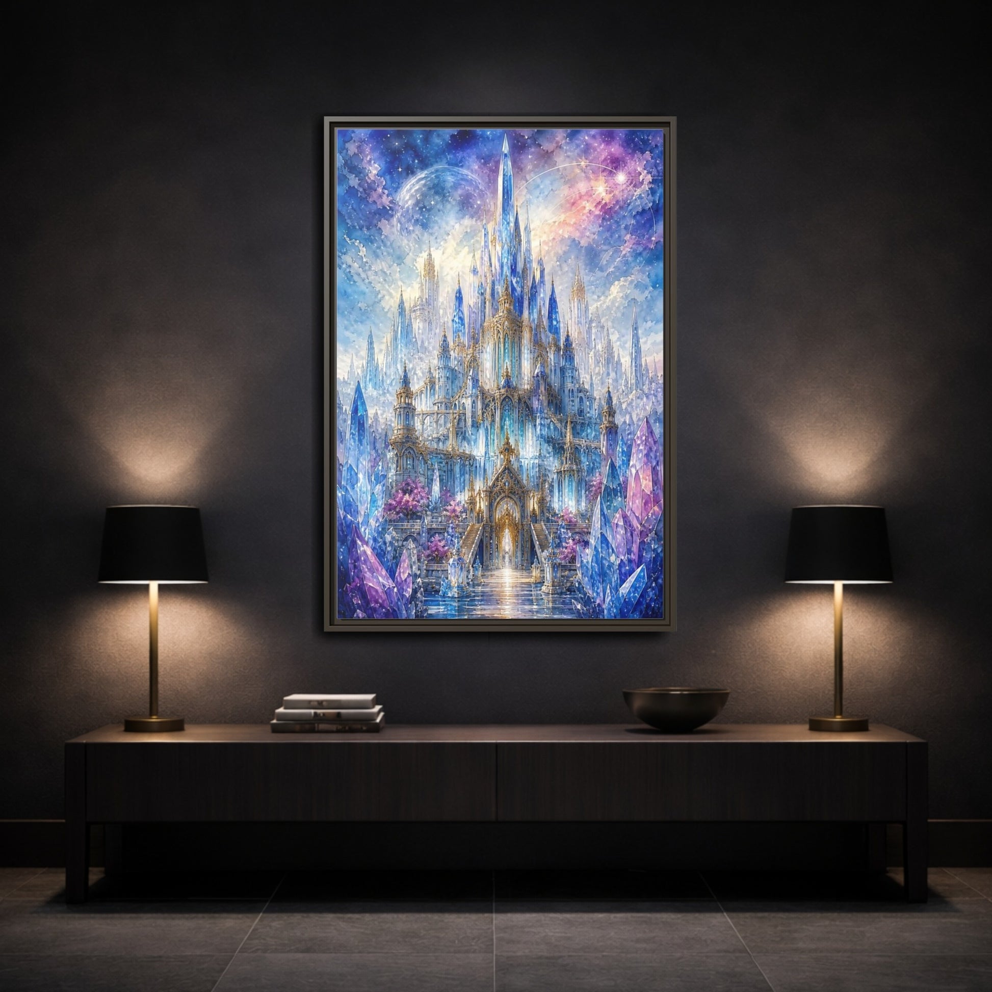 Mockup 3. Fairytale Crystal Castle Blue And Purple Castle shown as stretched canvas wall art