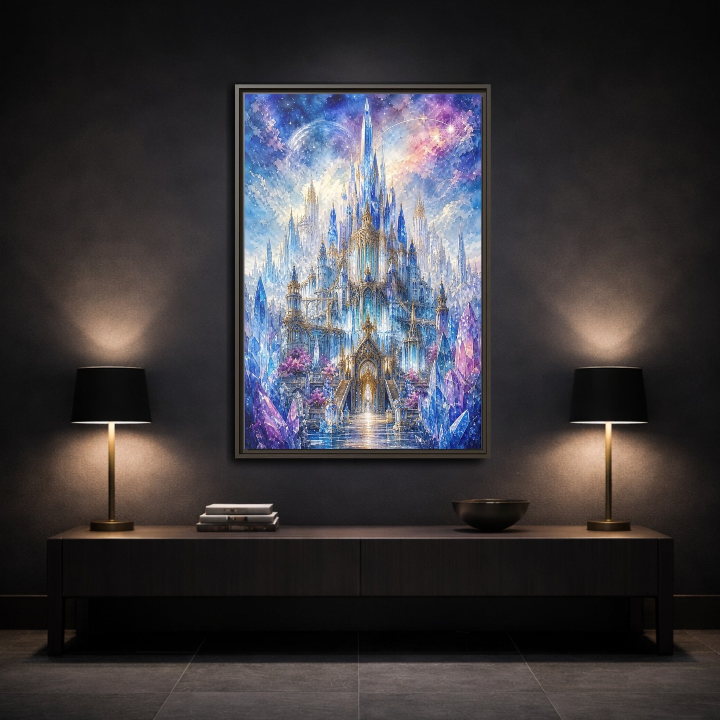 Mockup 3. Fairytale Crystal Castle Blue And Purple Castle shown as stretched canvas wall art