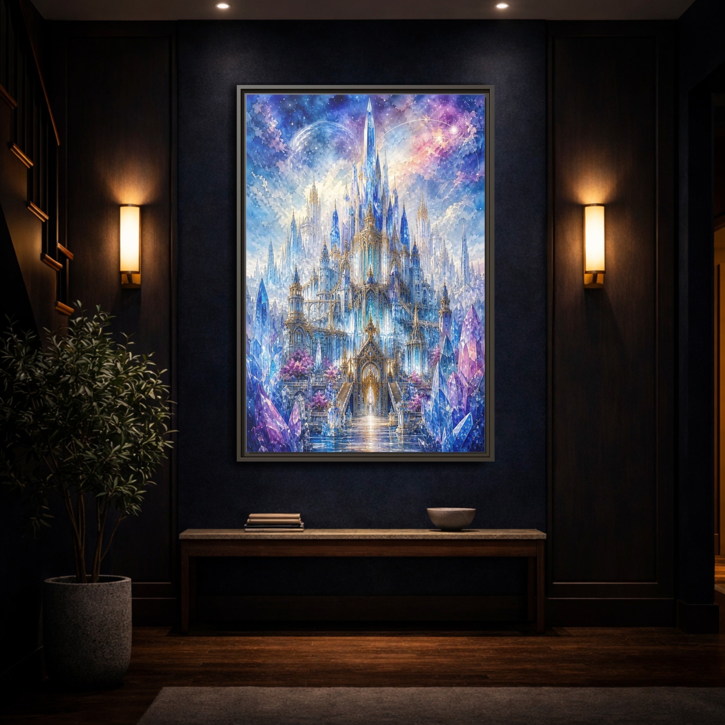 Mockup 4. Fairytale Crystal Castle Blue And Purple Castle shown as stretched canvas wall art